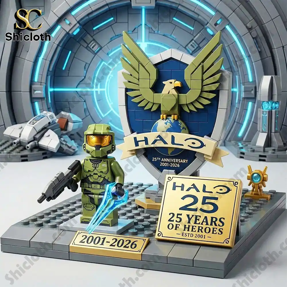 Halo Master Chief 25Th Anniversary Building Brick Block Set 2026 3 Halo anniversary brick display with sci fi portal background and hero figure!