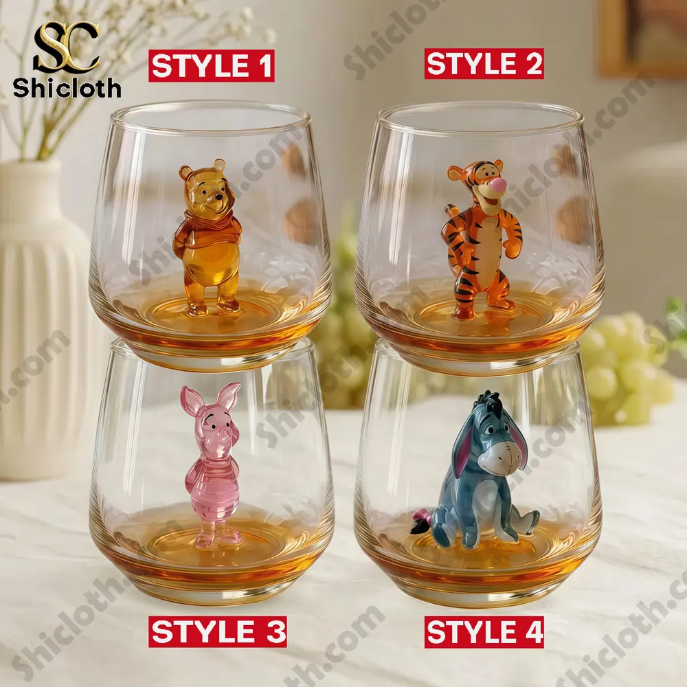 Glass cups with four decorative character figures inside