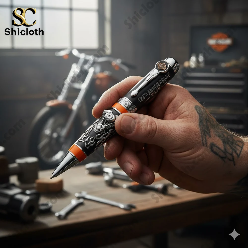 Hand holding motorcycle themed metal pen in workshop!