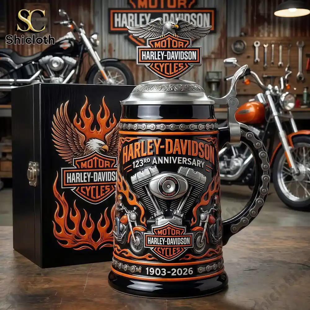 Harley Davidson beer mug with gift box in motorcycle garage!