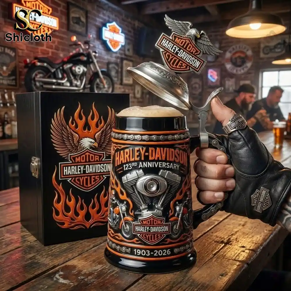Harley-Davidson 123rd Anniversary Commemorative Collector Beer Stein 3 Harley Davidson beer mug opened in biker bar!