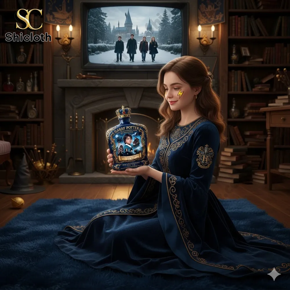 Young woman in wizard room holding Harry Potter themed bottle!