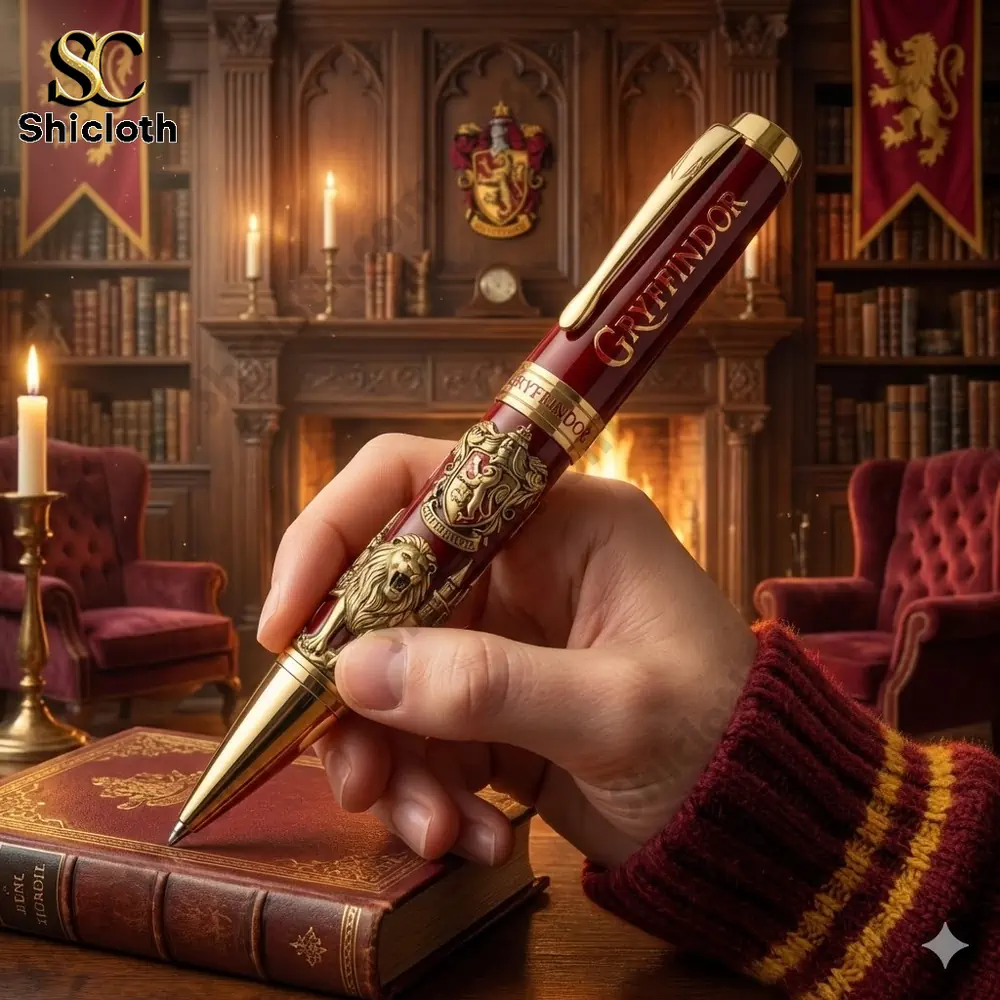 Gryffindor themed luxury pen held above a classic book