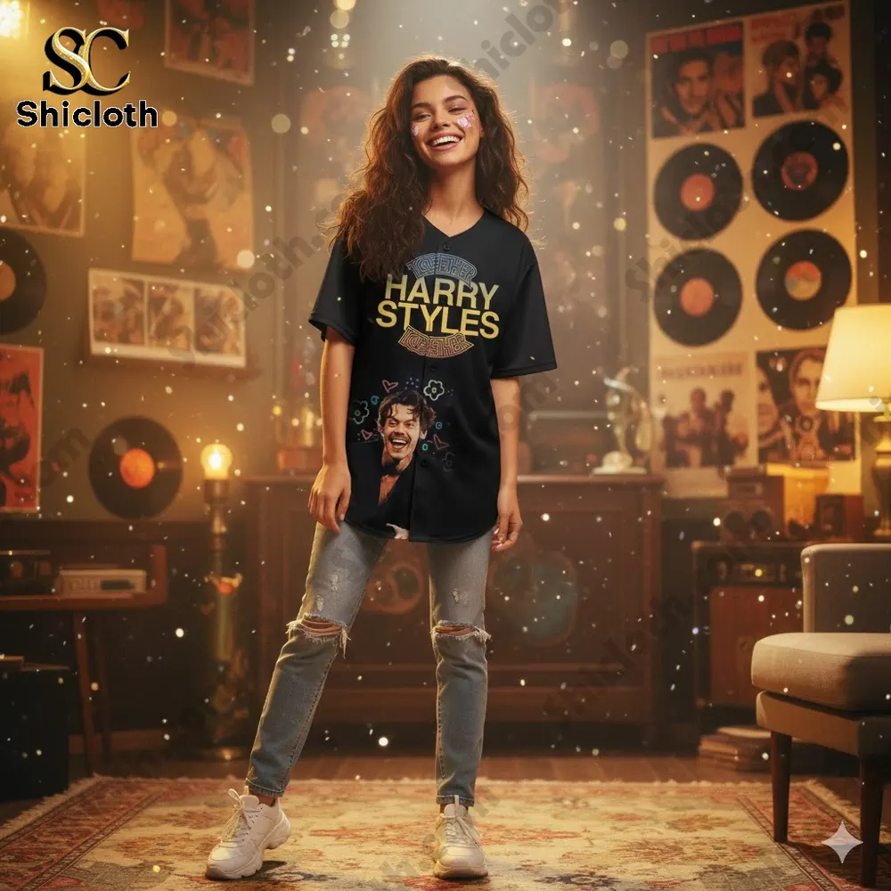 Woman wearing black Harry Styles graphic shirt in retro music room!