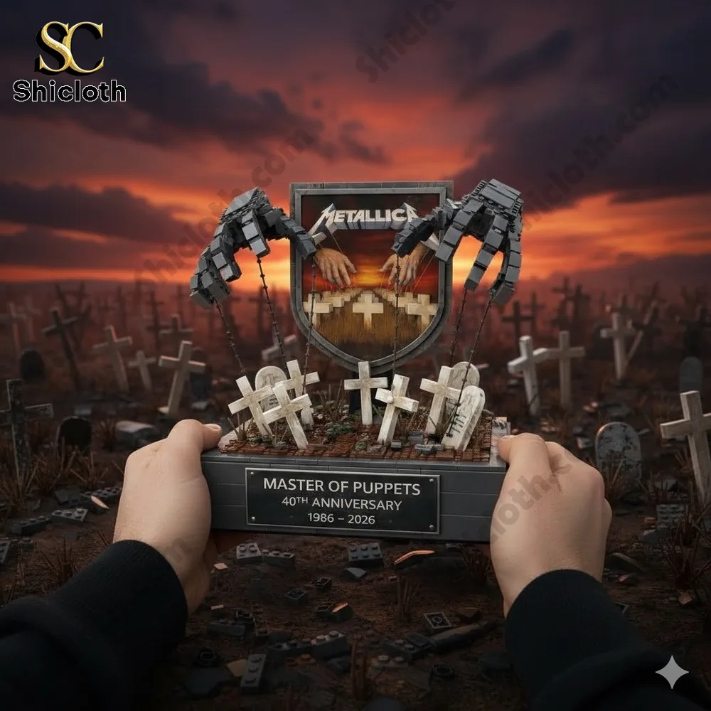 Metallica Master Of Puppets brick display held in hands with graveyard background!