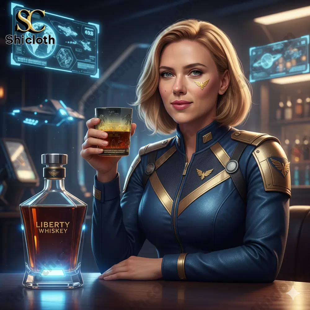 A futuristic female commander holding a Helldivers whiskey glass beside a bottle of liberty whiskey!