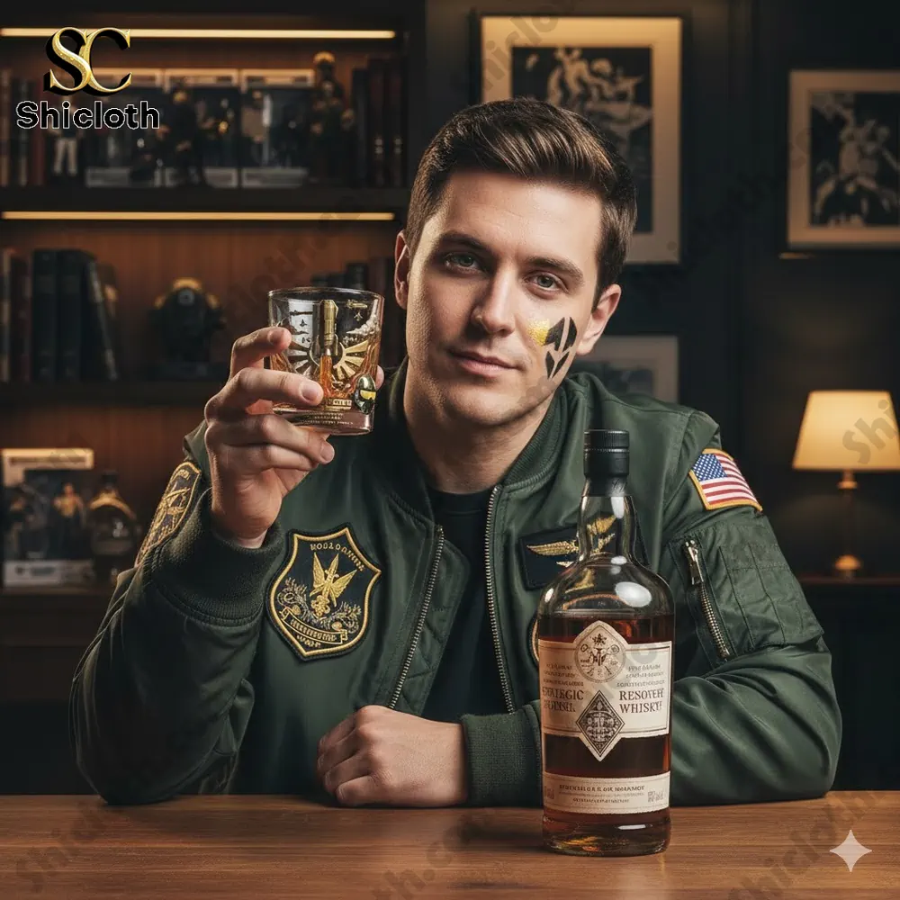 Man holding a Helldivers themed whiskey glass with a bottle on a wooden table!