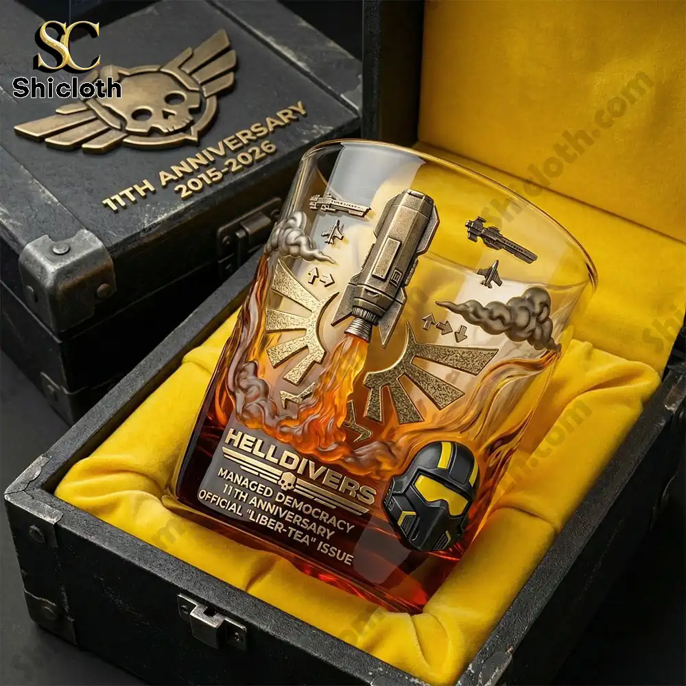 Helldivers whiskey glass displayed in a presentation box with anniversary design!