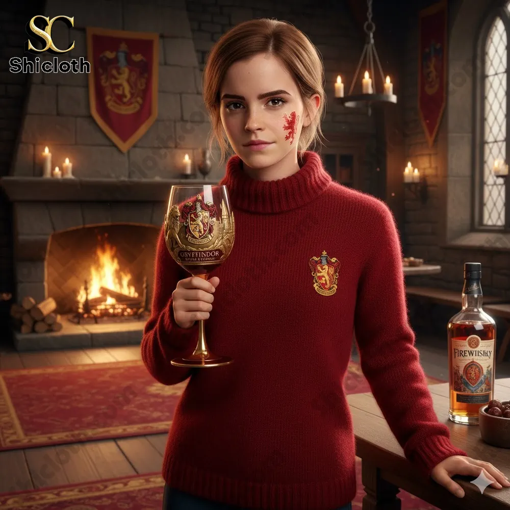 Young woman in red sweater holding Gryffindor wine glass in magical room!