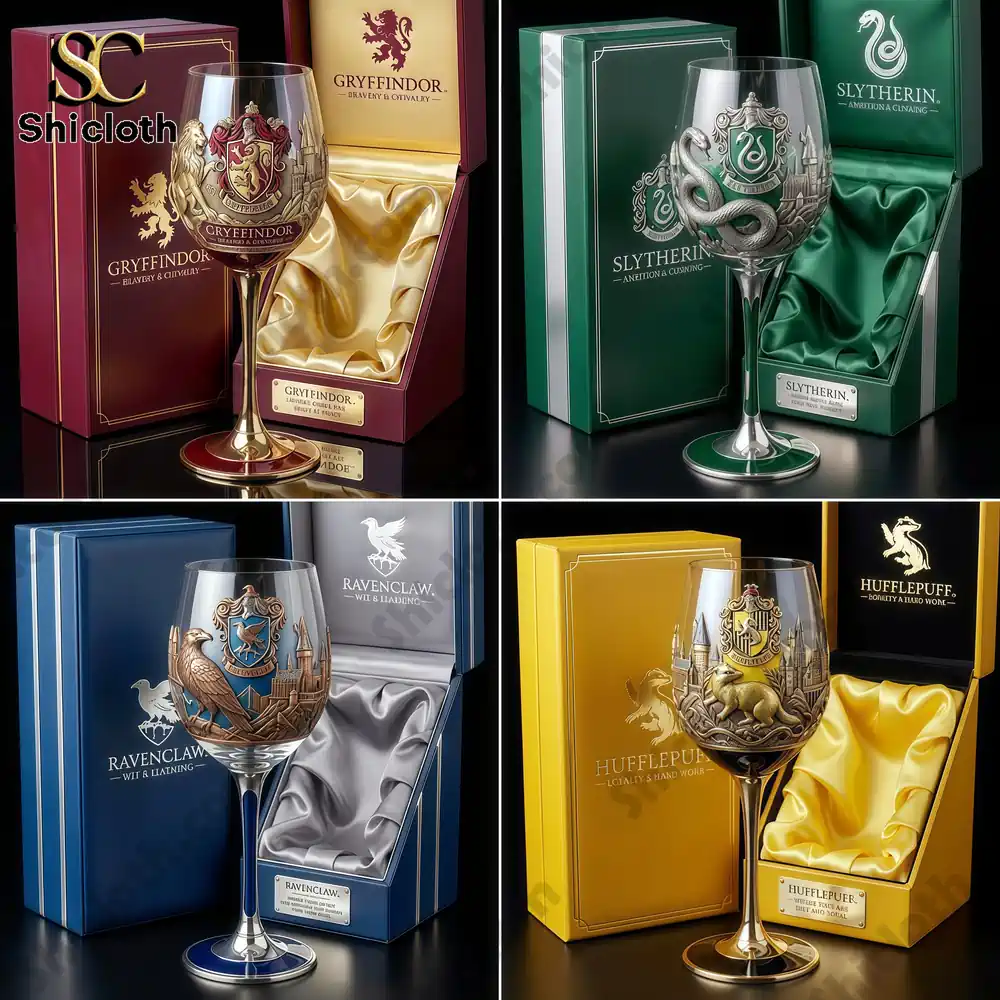 Four wizard house wine glasses with matching gift boxes!