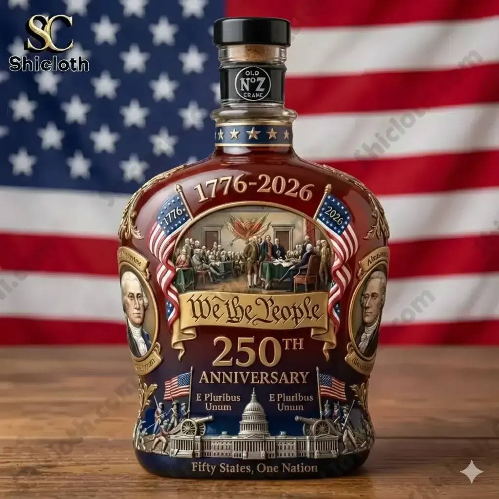 Crown Royal 250th Anniversary 1776-2026 We The People 250 Whiskey Bottle 4 Classic black cap US anniversary whisky bottle on wooden table.