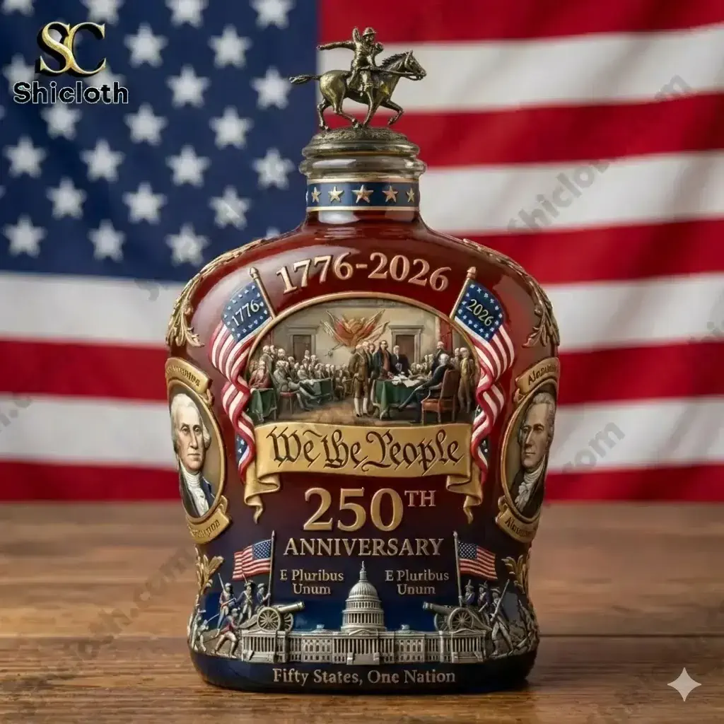 Crown Royal 250th Anniversary 1776-2026 We The People 250 Whiskey Bottle 6 US anniversary whisky bottle with rider statue cap and American flag.
