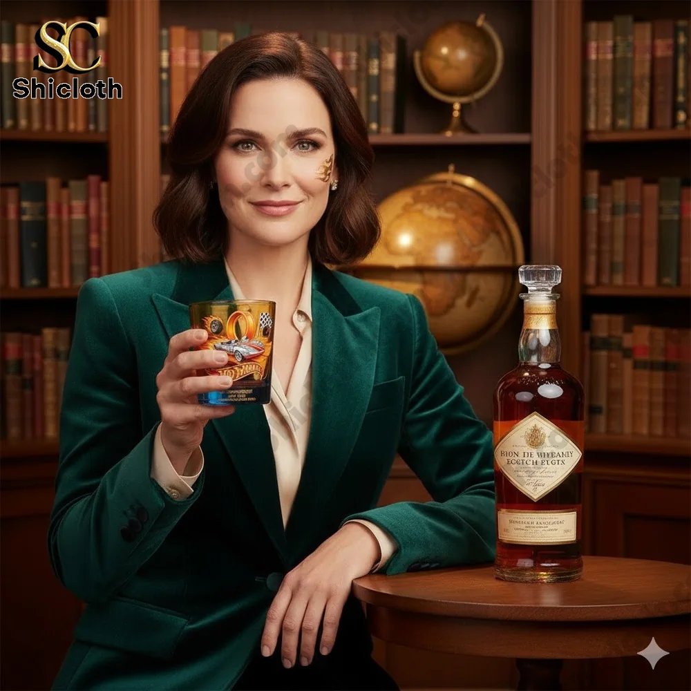 Woman holding a whiskey glass beside a bottle in a classic study setting!