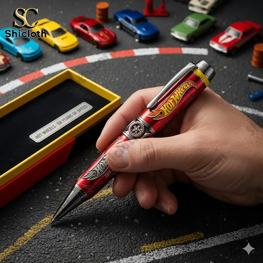 Hand holding a Hot Wheels anniversary pen on a toy race track!