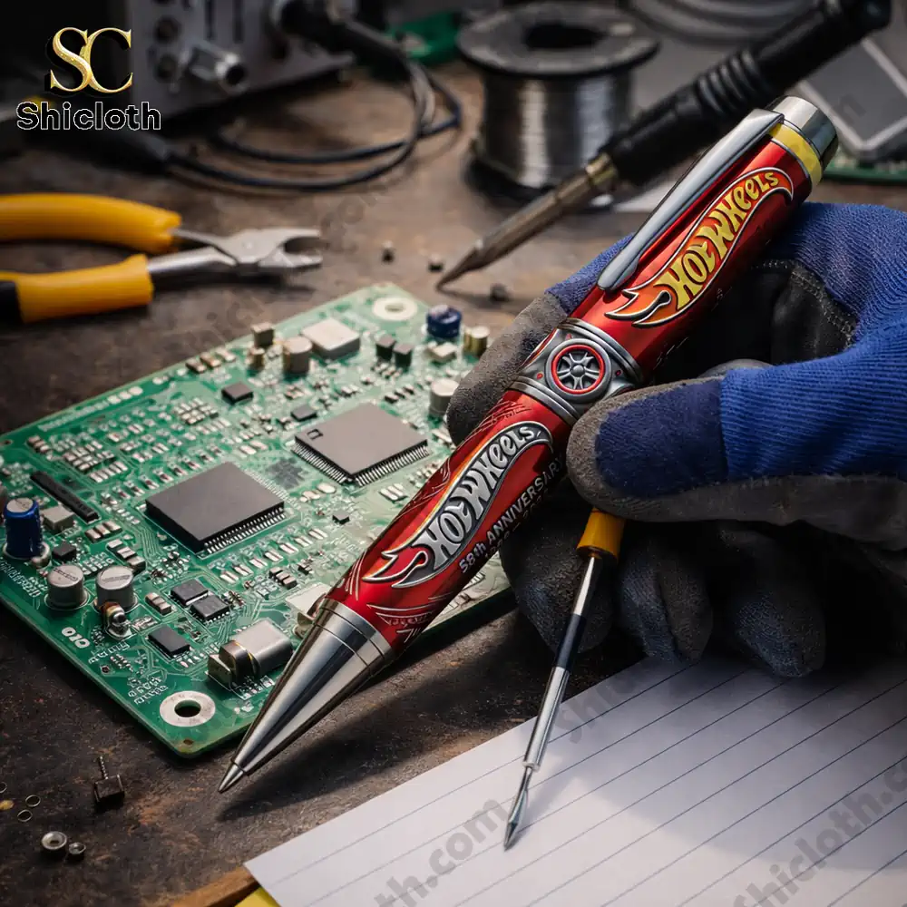 Hot Wheels anniversary pen held near an electronic circuit board!