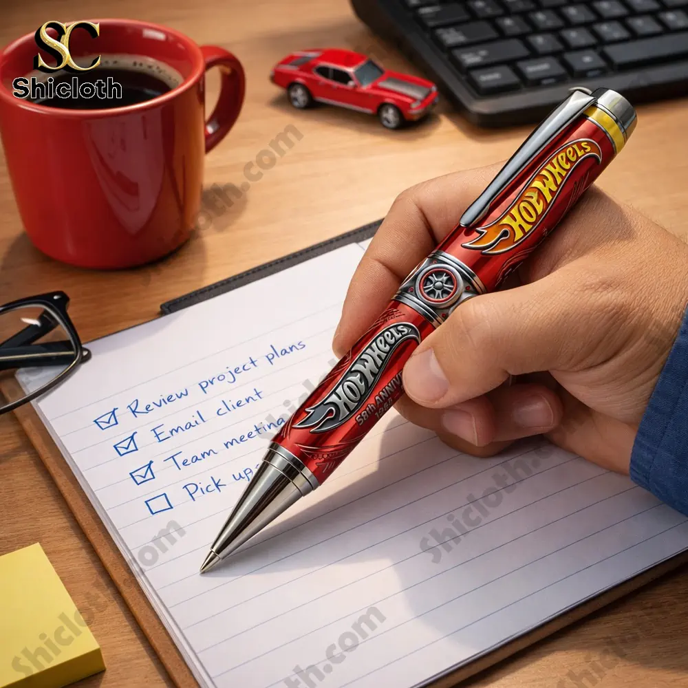 Hot Wheels 58th Anniversary Commemorative Pen 3 Hot Wheels anniversary pen writing on a notebook at a work desk!
