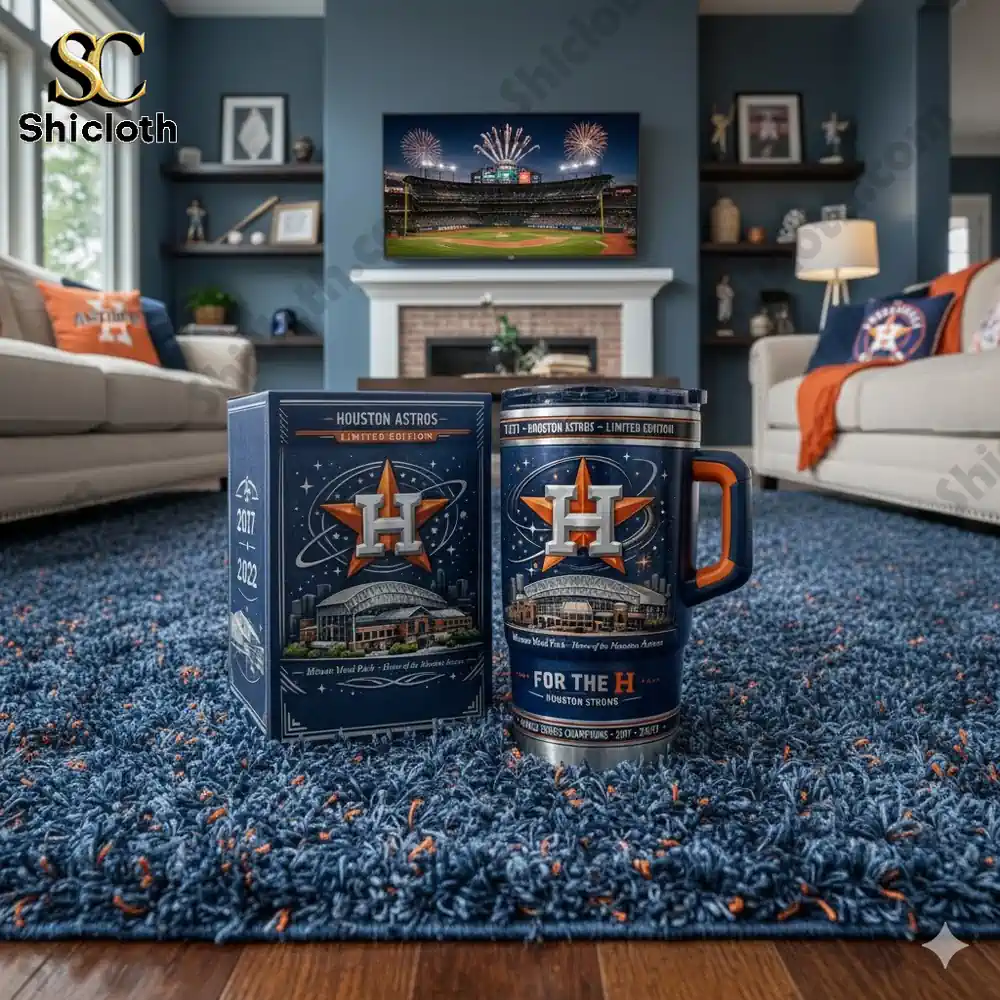 Houston Astros tumbler and box displayed in a cozy living room setting!