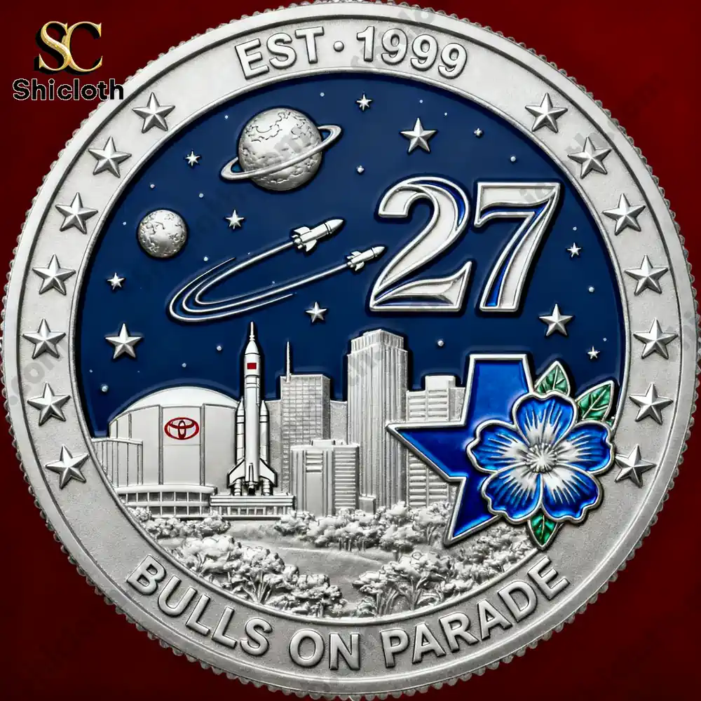 Silver blue space themed Houston basketball anniversary coin design!