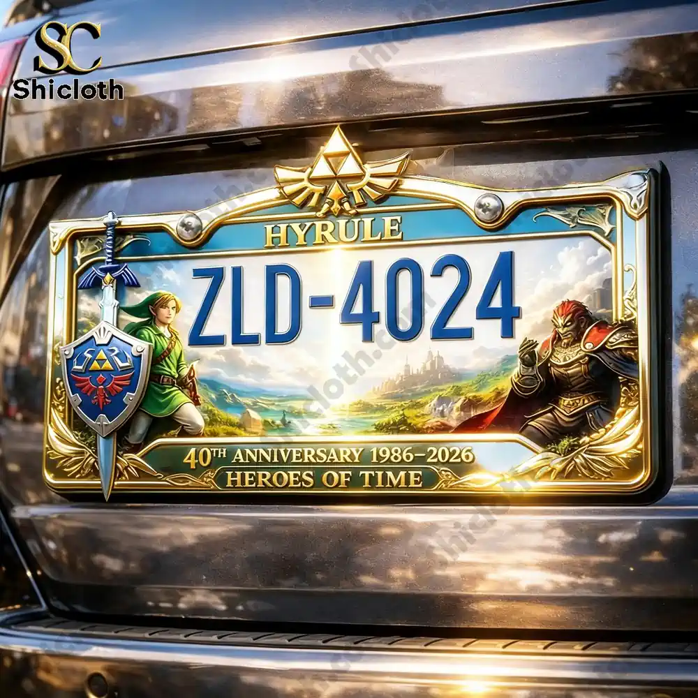 Alternative view of Hyrule Heroes of Time 40th Anniversary License Plate Frame