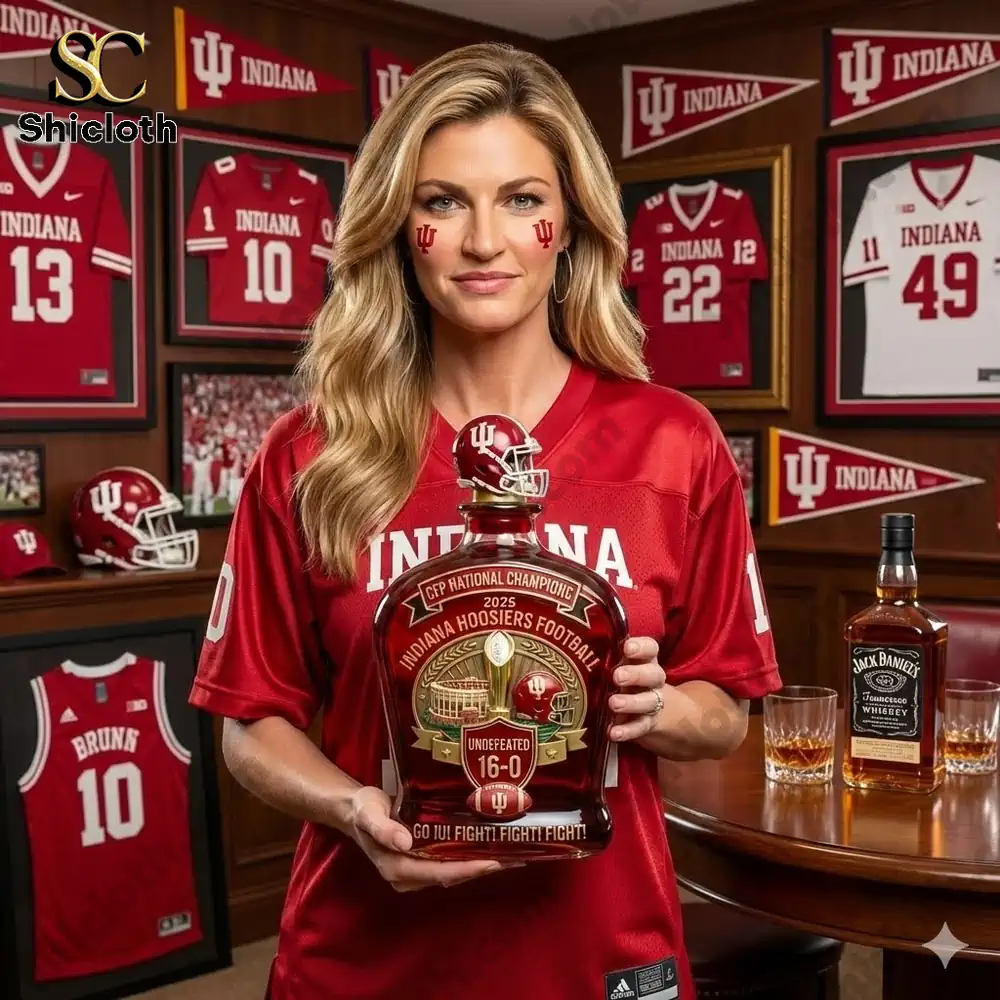 Woman holding Indiana Hoosiers themed commemorative bottle indoors!