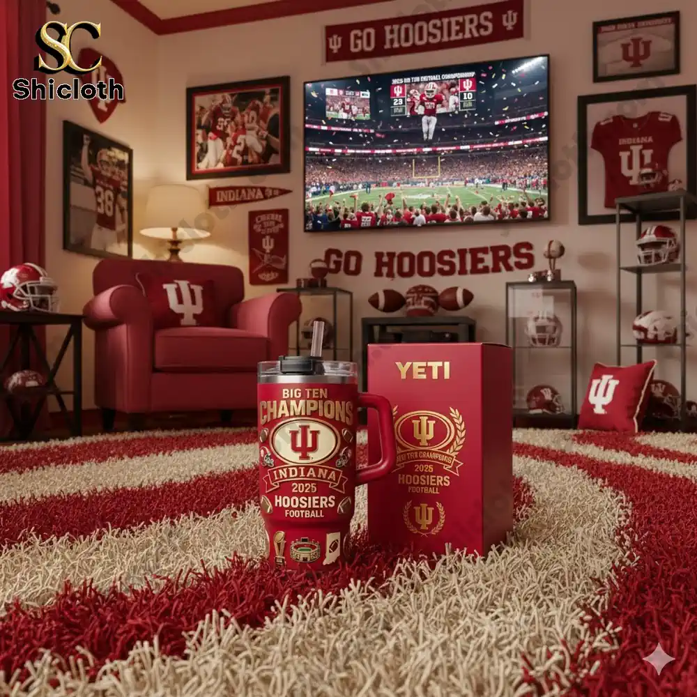 Indiana Hoosiers championship YETI mug displayed in a themed living room!