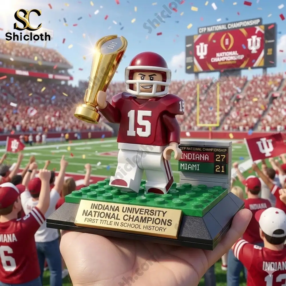 Dolly Parton's 80th Anniversary 1946-2026 Collectible Pop Figure Doll 32 Indiana Hoosiers miniature figure holding national championship trophy on a football field!