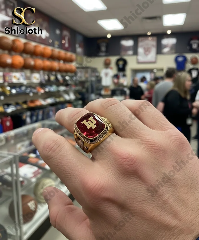 Indiana Hoosiers championship ring worn on a hand inside a sports store!