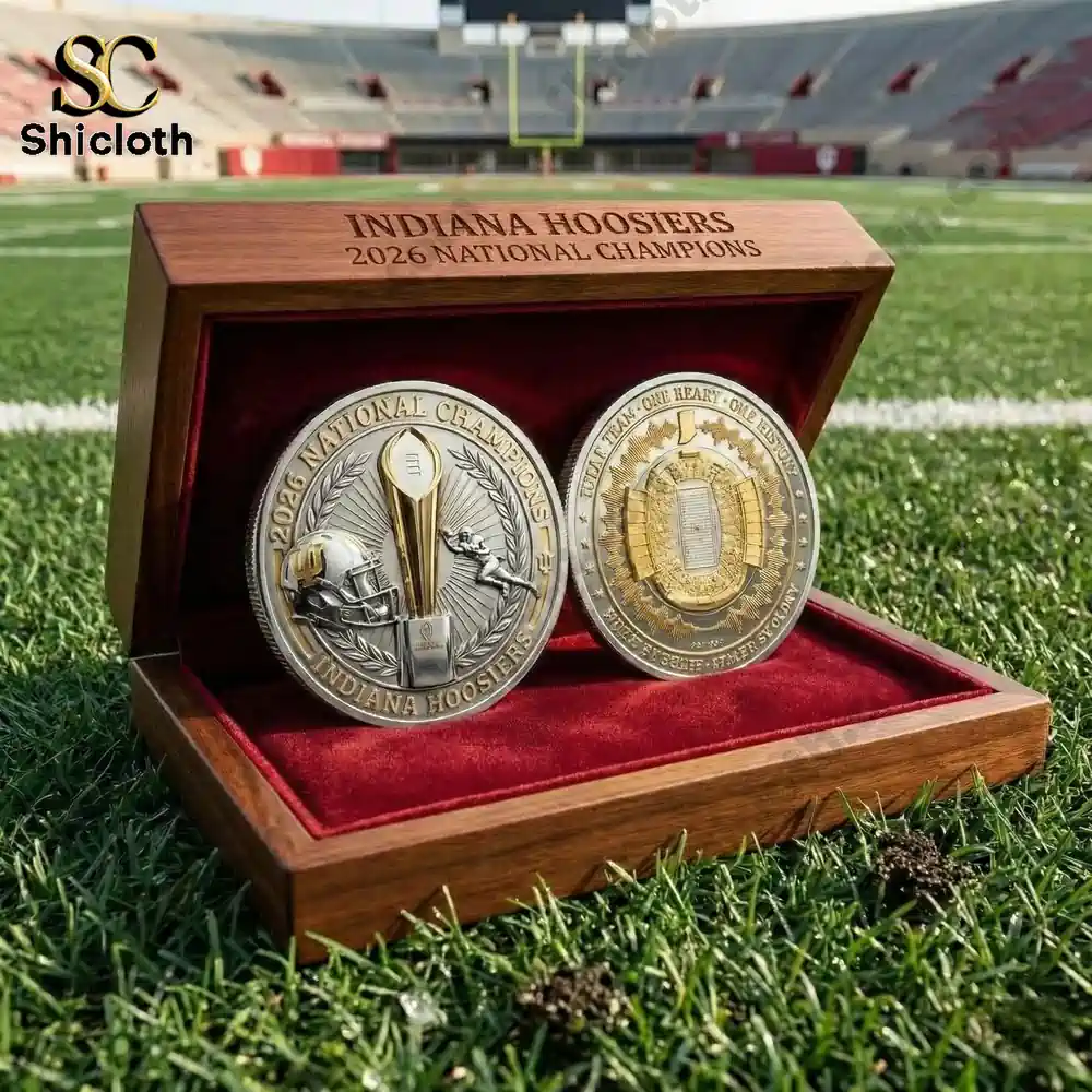 Indiana Hoosiers championship coin set in wooden display box on football field!
