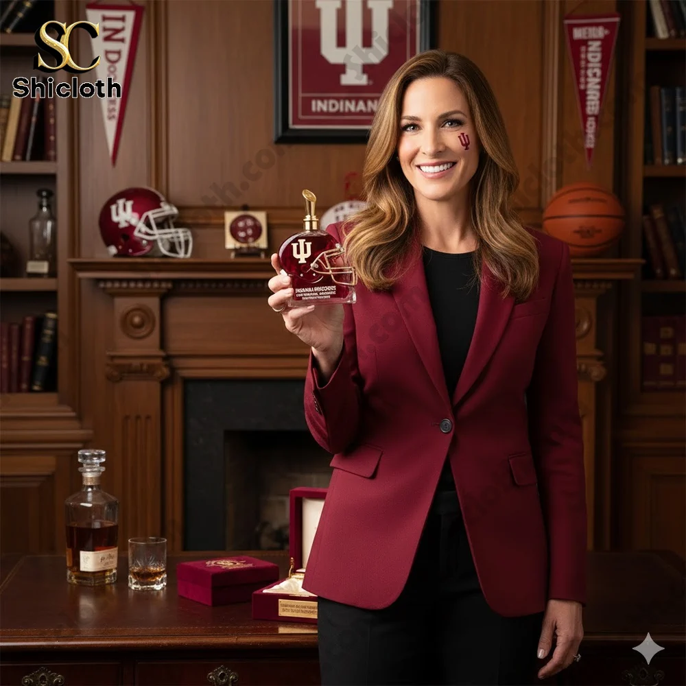 Woman holding Indiana Hoosiers football helmet perfume bottle in elegant office setting!