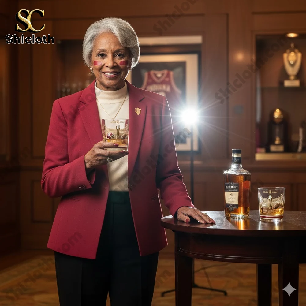 Elderly woman holding a Shicloth Indiana crimson glory whiskey glass!