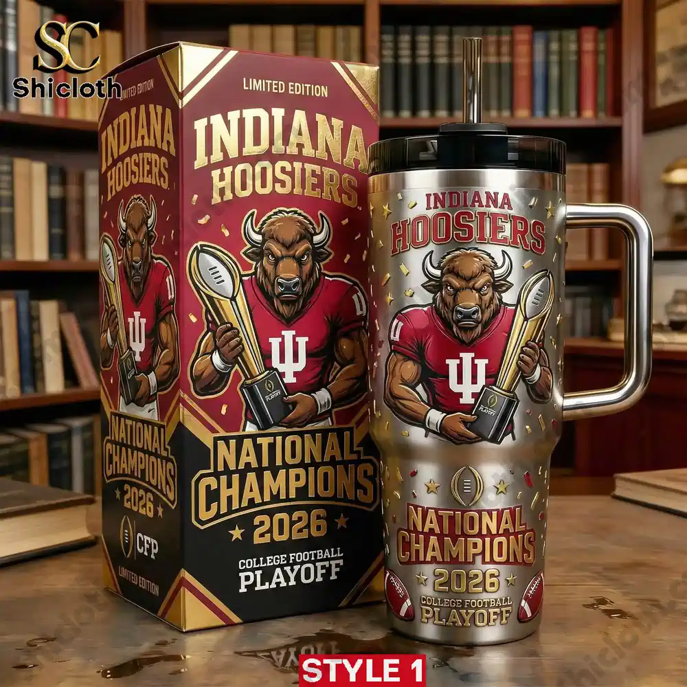 Indiana Hoosiers championship tumbler with mascot holding trophy and premium gift box!