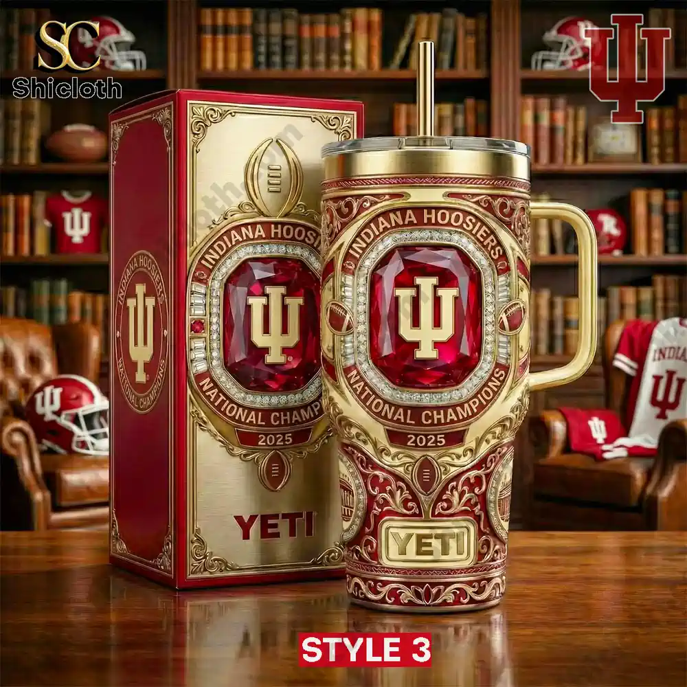 Indiana Hoosiers College Football Playoff 2026 Champions Tumbler Cup 3 Indiana Hoosiers luxury championship tumbler with ornate gold detailing!
