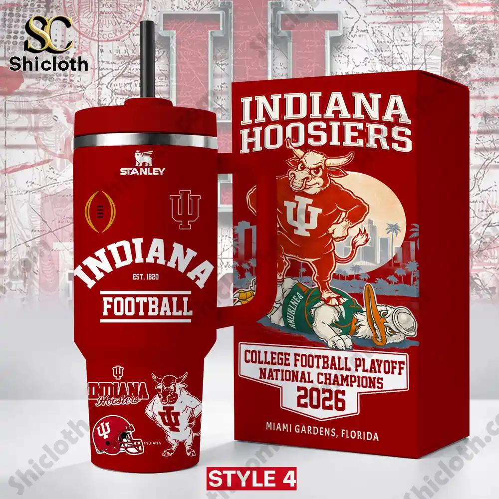Indiana Hoosiers College Football Playoff 2026 Champions Tumbler Cup 4 Indiana Hoosiers championship tumbler with illustrated mascot celebrating victory!