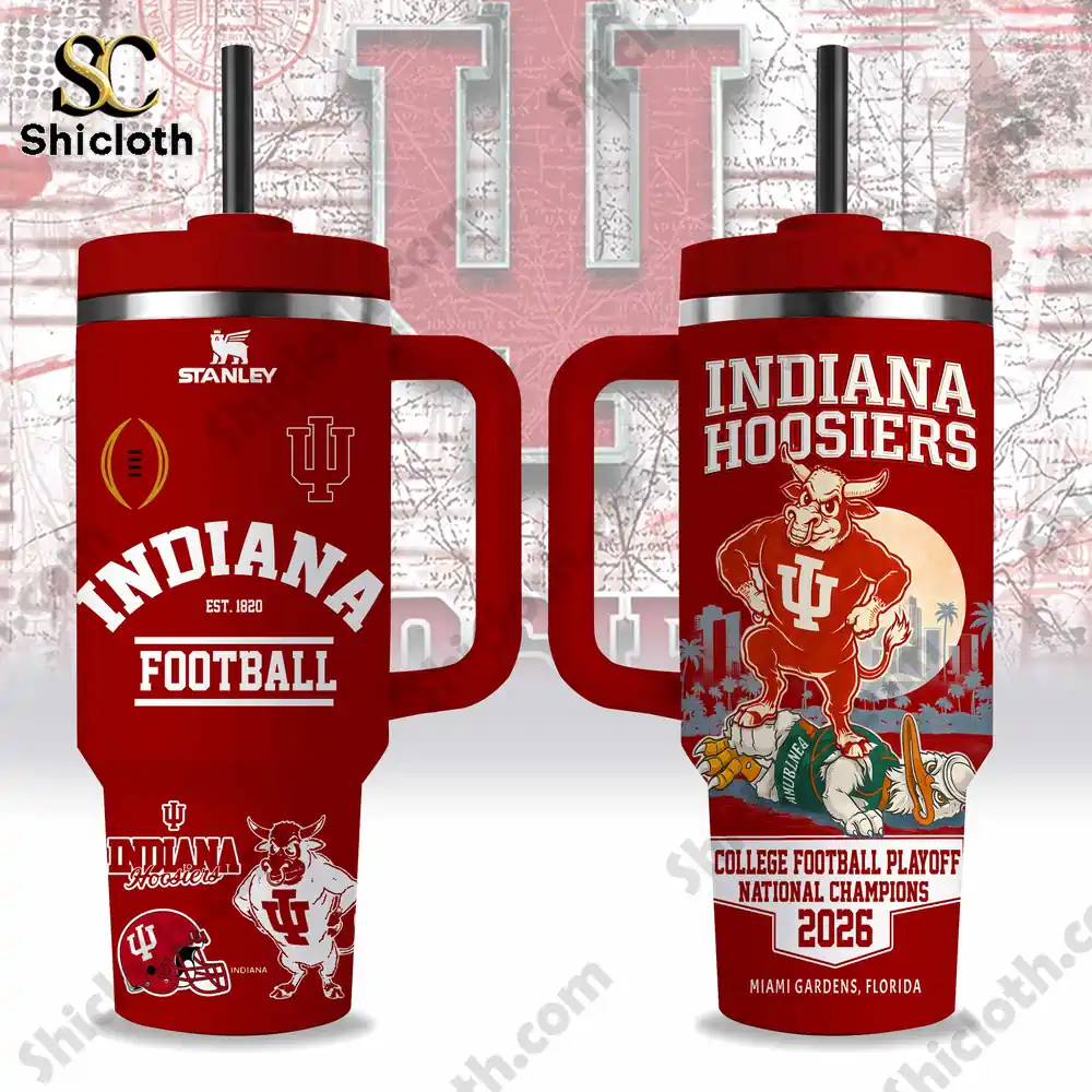Indiana Hoosiers College Football Playoff 2026 Champions Tumbler Cup 5 Indiana Hoosiers championship tumbler showing front and back designs!