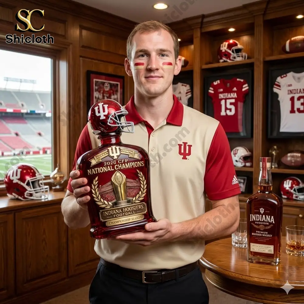 Man holding Indiana Hoosiers football championship bottle indoors!