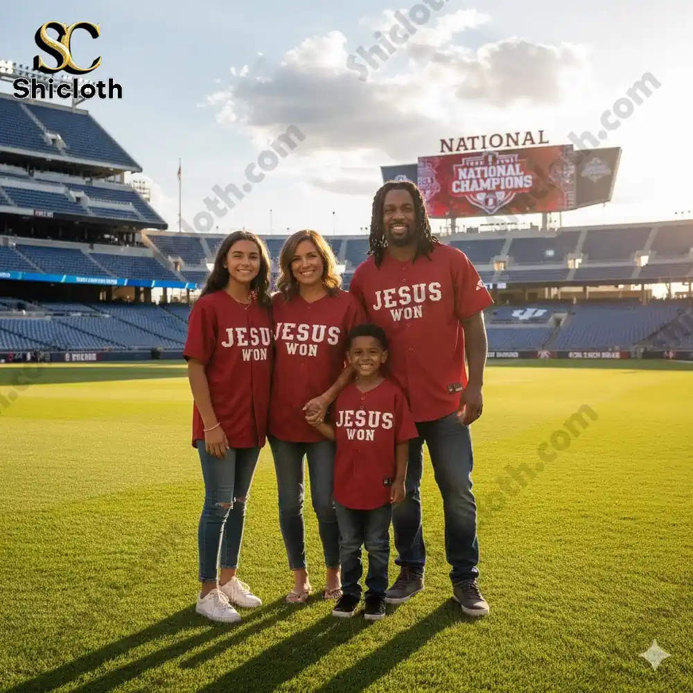 Family wearing Jesus Won shirts on football field!
