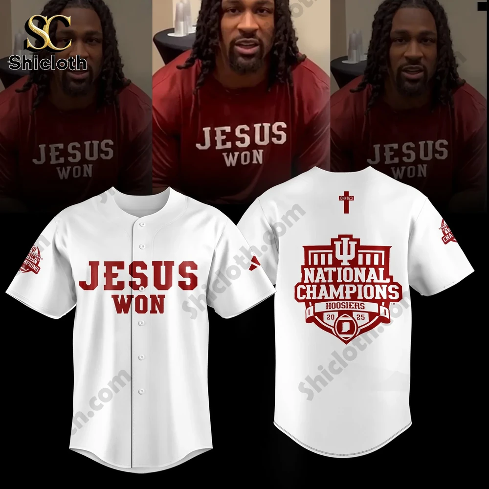 Indiana Hoosiers Jesus Won 2026 National Champions Limited Edition Jersey 4 White Jesus Won baseball jersey front and back!