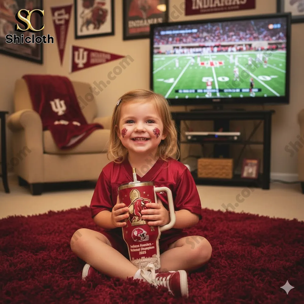 Smiling child holding Indiana Hoosiers tumbler in a cozy game day living room!