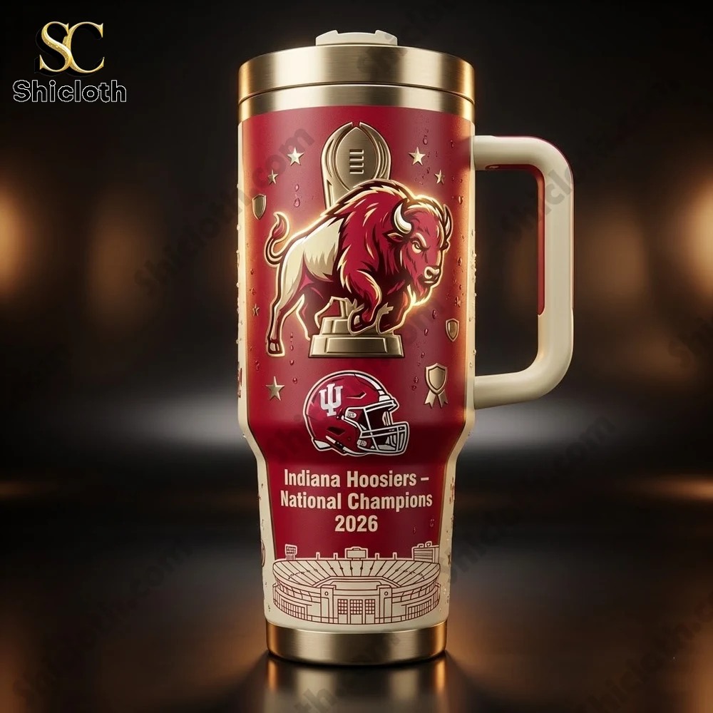 Indiana Hoosiers National Champions 2026 Stanley Tumbler 3 Close up of Indiana Hoosiers tumbler with bold championship design!