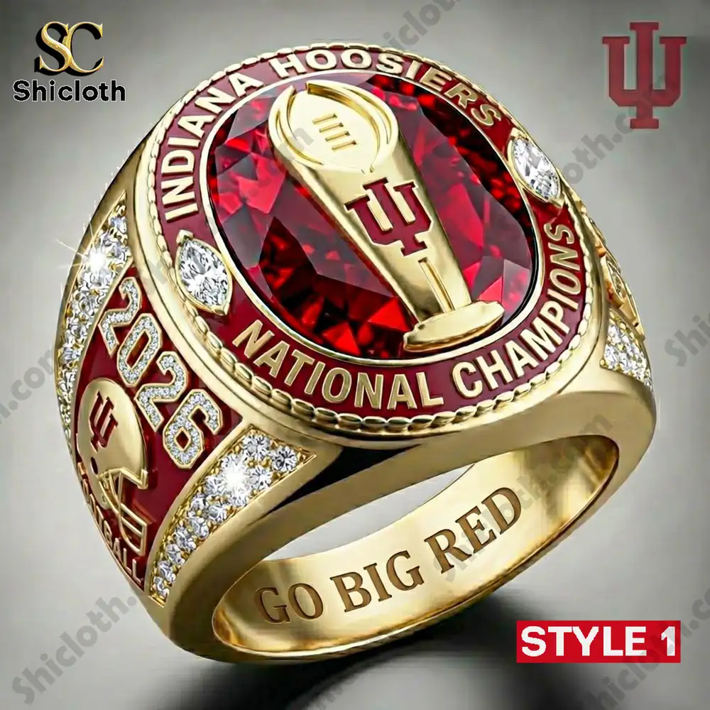 Indiana Hoosiers national champions ring style one with red gemstone and gold details!