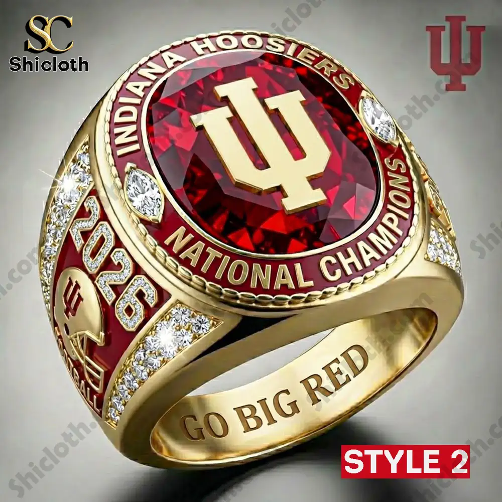 Indiana Hoosiers national champions ring style two with large IU logo and red gemstone!