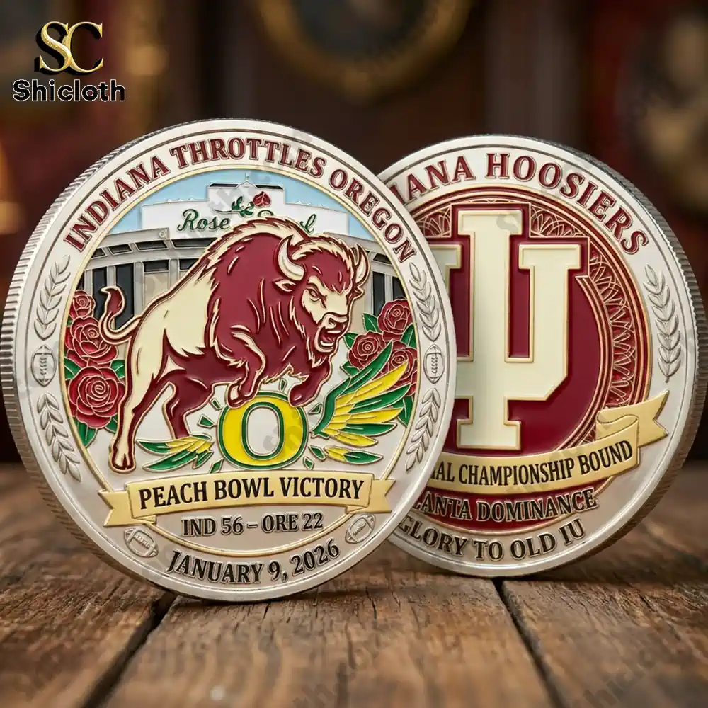 Front and back of Indiana Peach Bowl victory challenge coin!