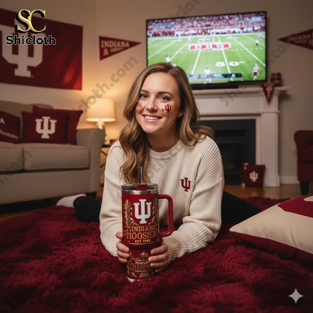 Indiana Hoosiers fan holding a red insulated tumbler while watching football at home!