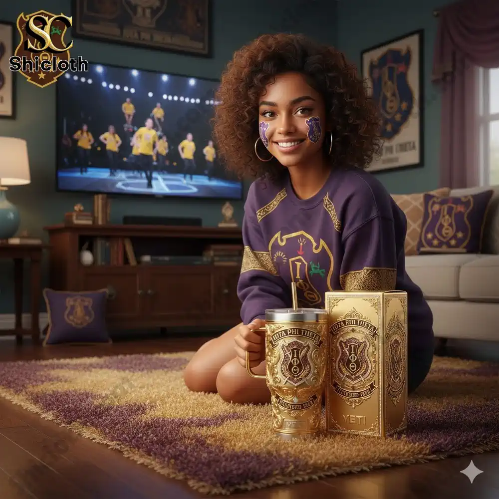 Smiling woman presenting Iota Phi Theta Yeti tumbler in a decorated living room!