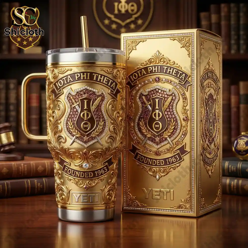 Gold Iota Phi Theta Yeti tumbler with luxury box on wooden table!