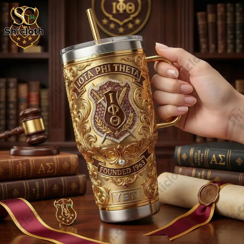Iota Phi Theta Fraternity Founded 1963 Tumbler With Handle 3 Hand holding Iota Phi Theta Yeti tumbler in classic study setting!