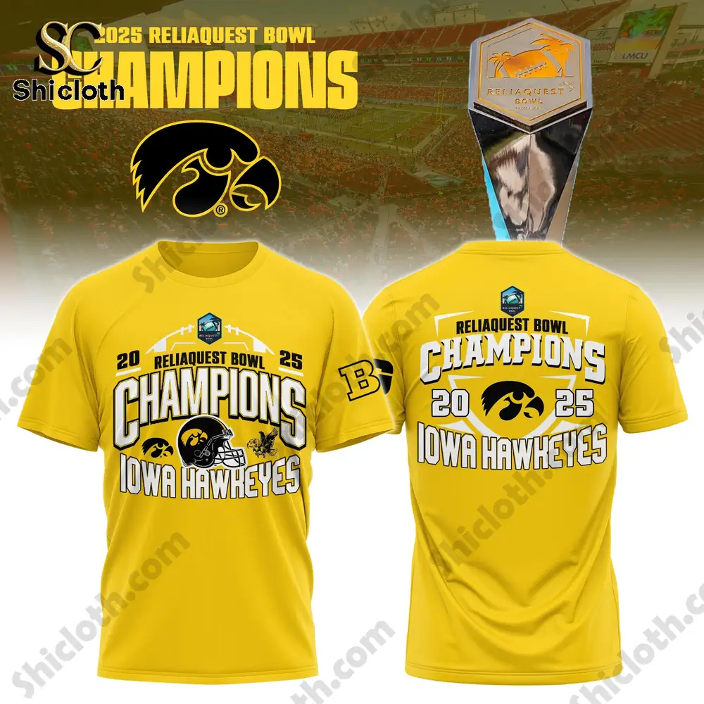 Iowa Hawkeyes ReliaQuest Bowl Champions 2025 Hoodie Shirt 4 Yellow Iowa Hawkeyes championship t shirt front and back view!