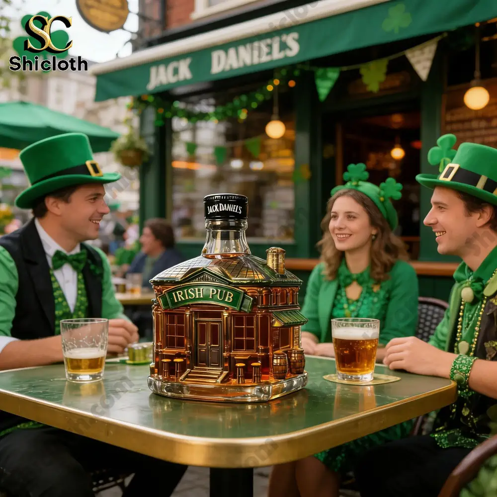 Irish pub shaped whiskey bottle on a table with people celebrating outdoors!