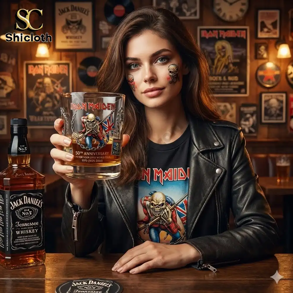 Woman holding Iron Maiden whiskey glass in rock bar!