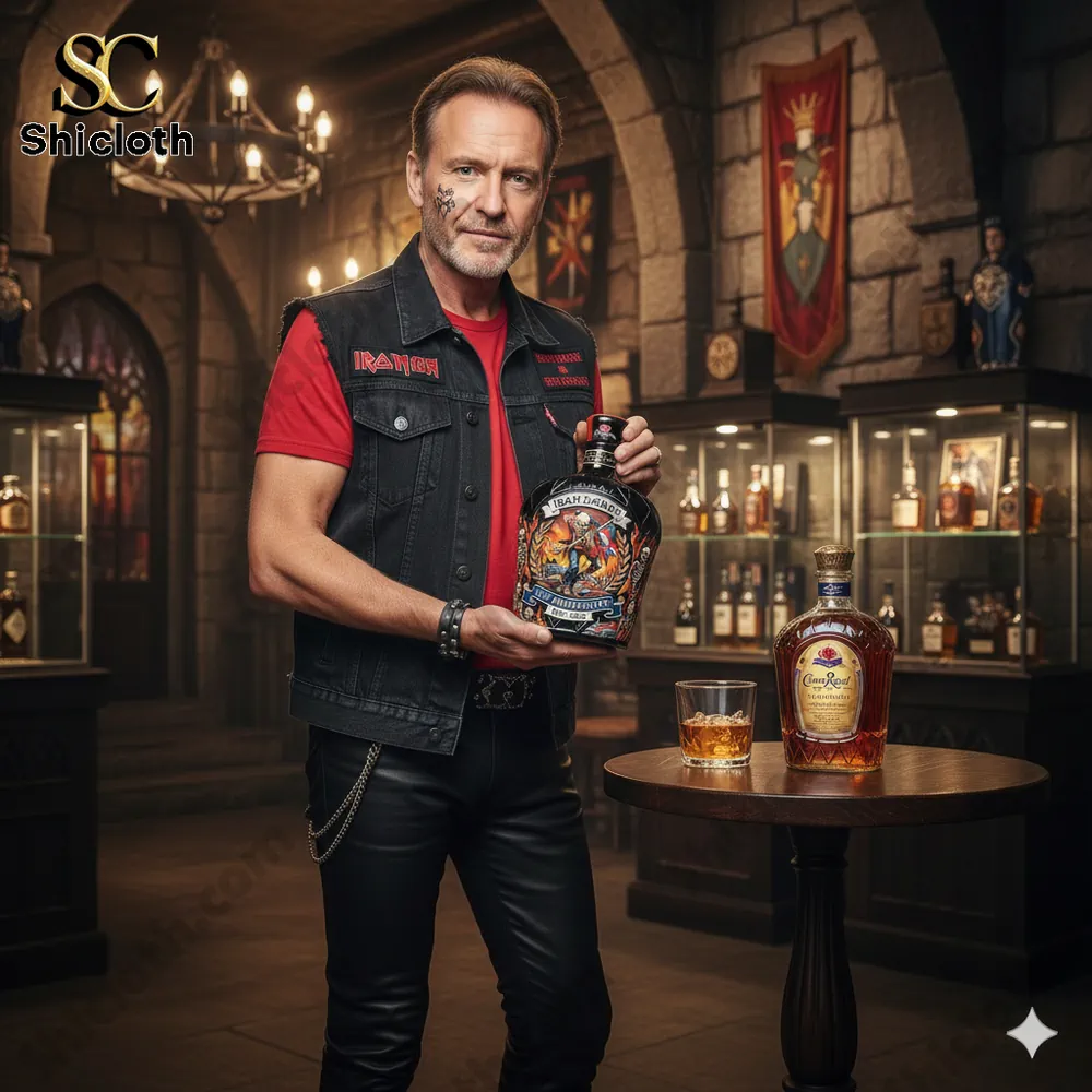 Man holding Iron Maiden whiskey decanter inside display room!